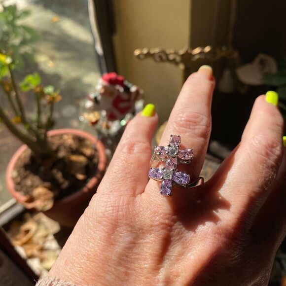 Double Flower Cz Heavy Sterling Silver Ring 2009 Era - Picture 3 of 11